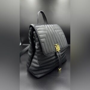 Black Leather Tommy Hilfiger Backpack With Gold Accents